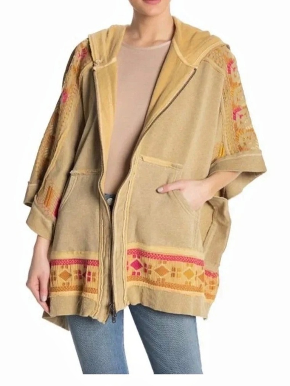 Free People Wildside Embroidered Hooded Poncho Beige & Pink